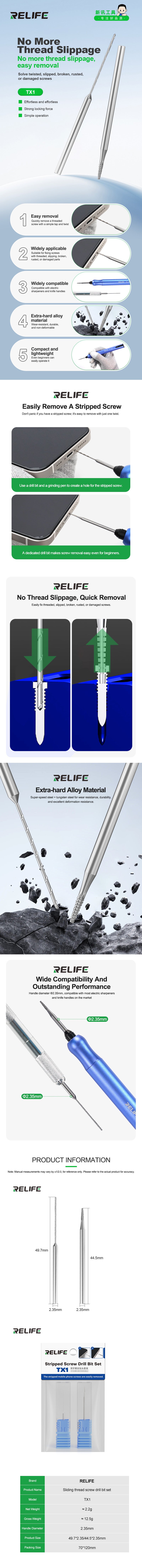 RELIFE TX1 Sliding thread screw drill bit set