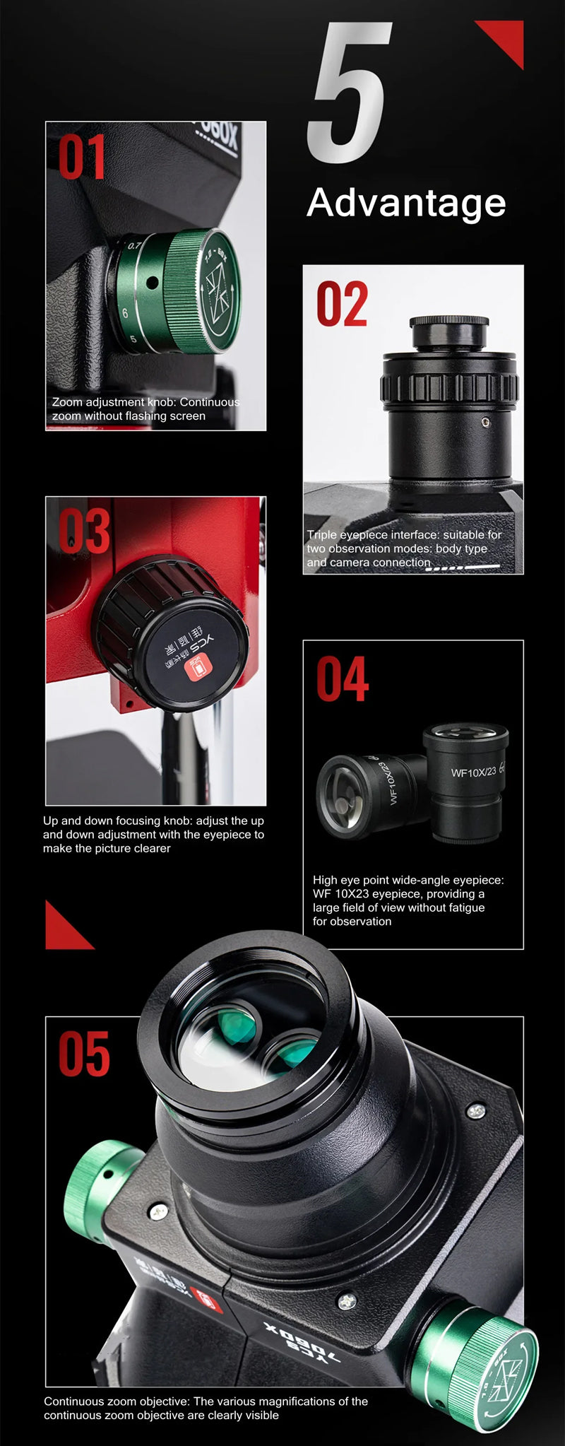 YCS 7060X 7X-60X Trinocular Stereo Microscope with Big Base