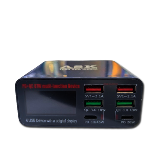 ASK PD+QC 87W Smart Digital Display USB Charging Hub – 6-Port Fast Charger