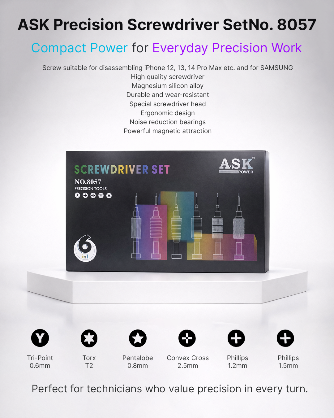 ASK Precision Screwdriver Set No. 8057 – 6 in 1 Professional Mobile Repair Tool Kit