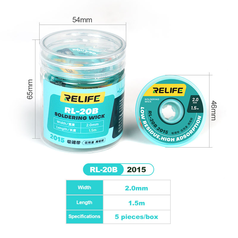 Relife RL-20B 2015 2.0mm 1.5m Soldering Wick 5 Pcs Pack