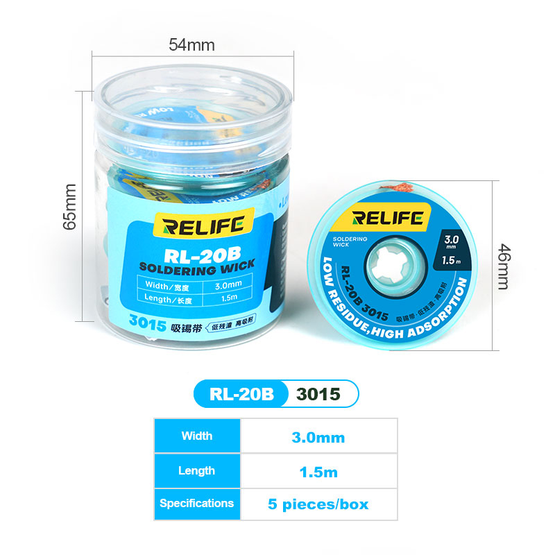 Relife Rl-20B 3015 3.0mm 1.5m Soldering Wick 5 Pcs Pack