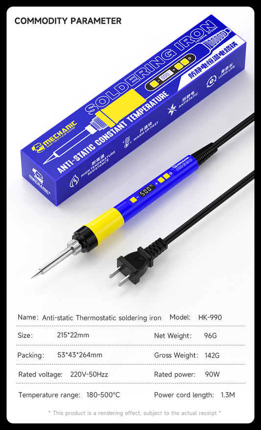 Mechanic HK-990 90W High Power Anti-static Adjustable Thermostatic Electric Soldering Iron EU Plug