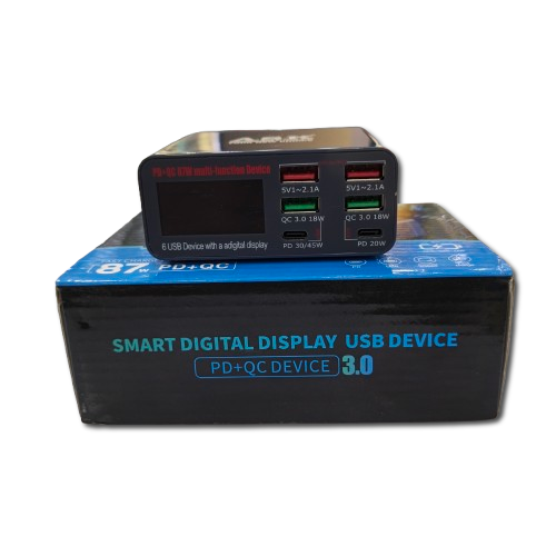 ASK PD+QC 87W Smart Digital Display USB Charging Hub – 6-Port Fast Charger