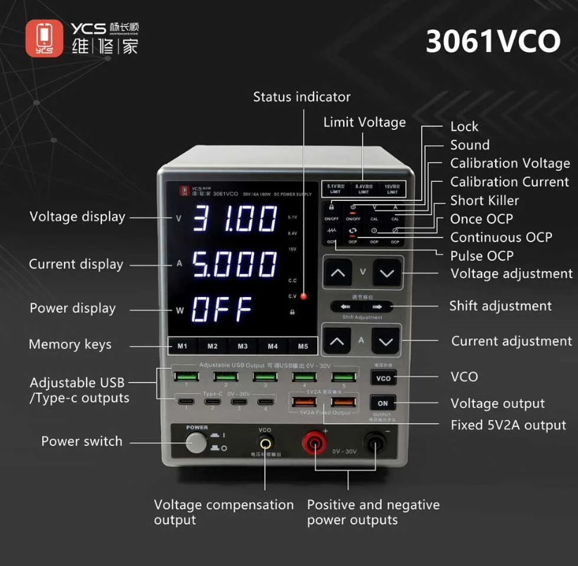 YCS 3061 VCO Adjustable DC Power Supply 30V 6A with OCP Protection for Phone Repair Digital Multifunctional Voltage Current Test