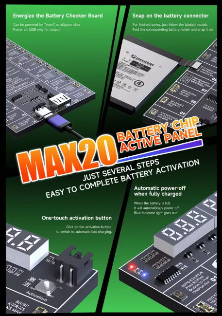 MECHANIC Max20 battery activation board suitable for iphone 8-16PM and Android mobile phone circuit board fast charging tester
