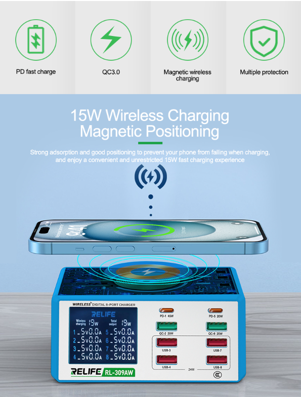 RELIFE RL-309AW Wireless digital display 8-port charger 100W