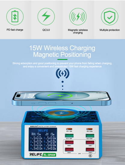 RELIFE RL-309AW Wireless digital display 8-port charger 100W