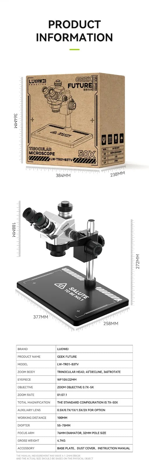 LUOWEI LW-TR01-B3TV 7-50X Geek Future Series Trinocular HD Microscope