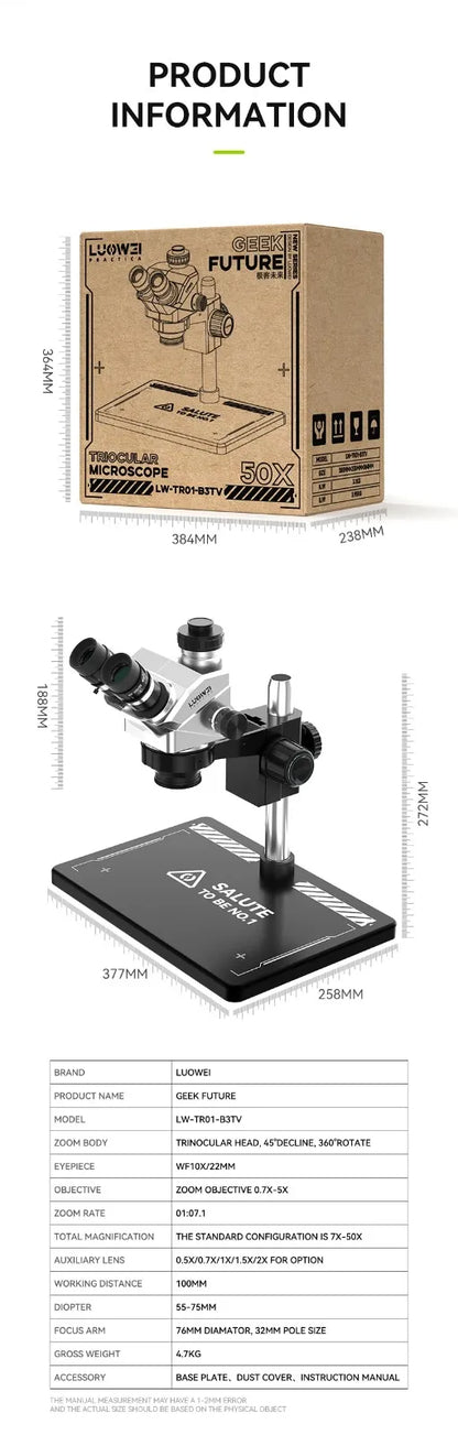 LUOWEI LW-TR01-B3TV 7-50X Geek Future Series Trinocular HD Microscope