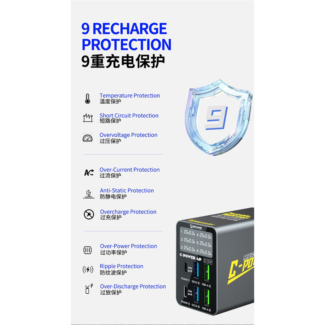 MECHANIC C-POWER 6M 6 PORT USB SMART LIGHTNING CHARGER WITH QC 3.0 PORT (40W)