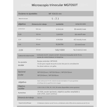 MASTERGO MG7050T-B11 (1:7.1 high zoom ratio-3D Continuous Zoom) 7X~50X trinocular Stereo Microscope