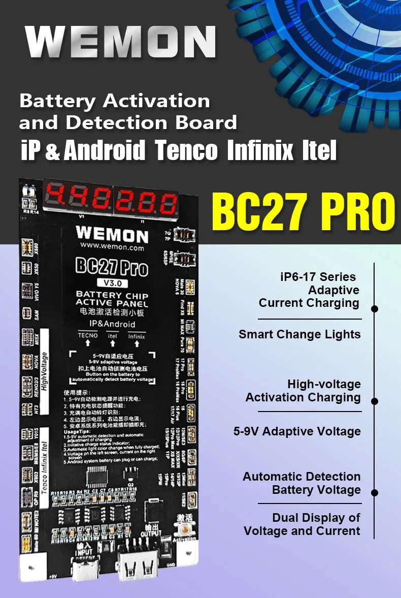WEMON BC27 PRO Battery Activation Detection Board for IPhone 6-17 & 400+ Android