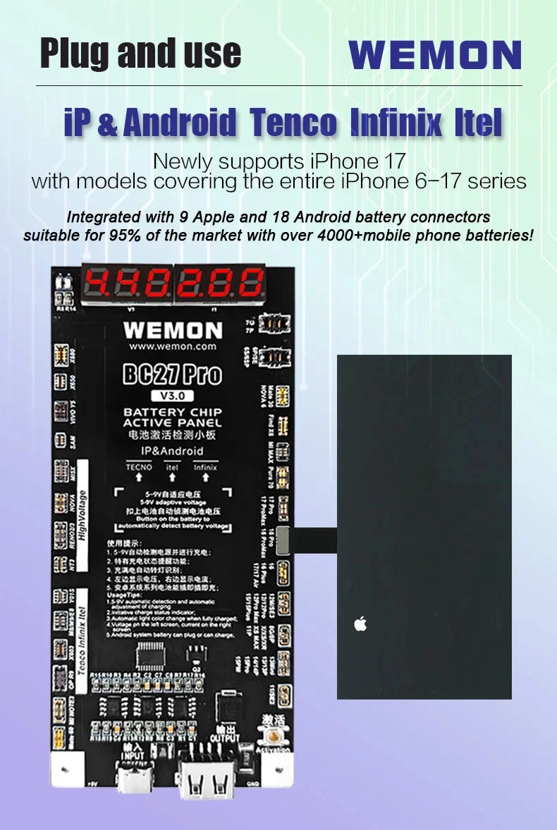 WEMON BC27 PRO Battery Activation Detection Board for IPhone 6-17 & 400+ Android