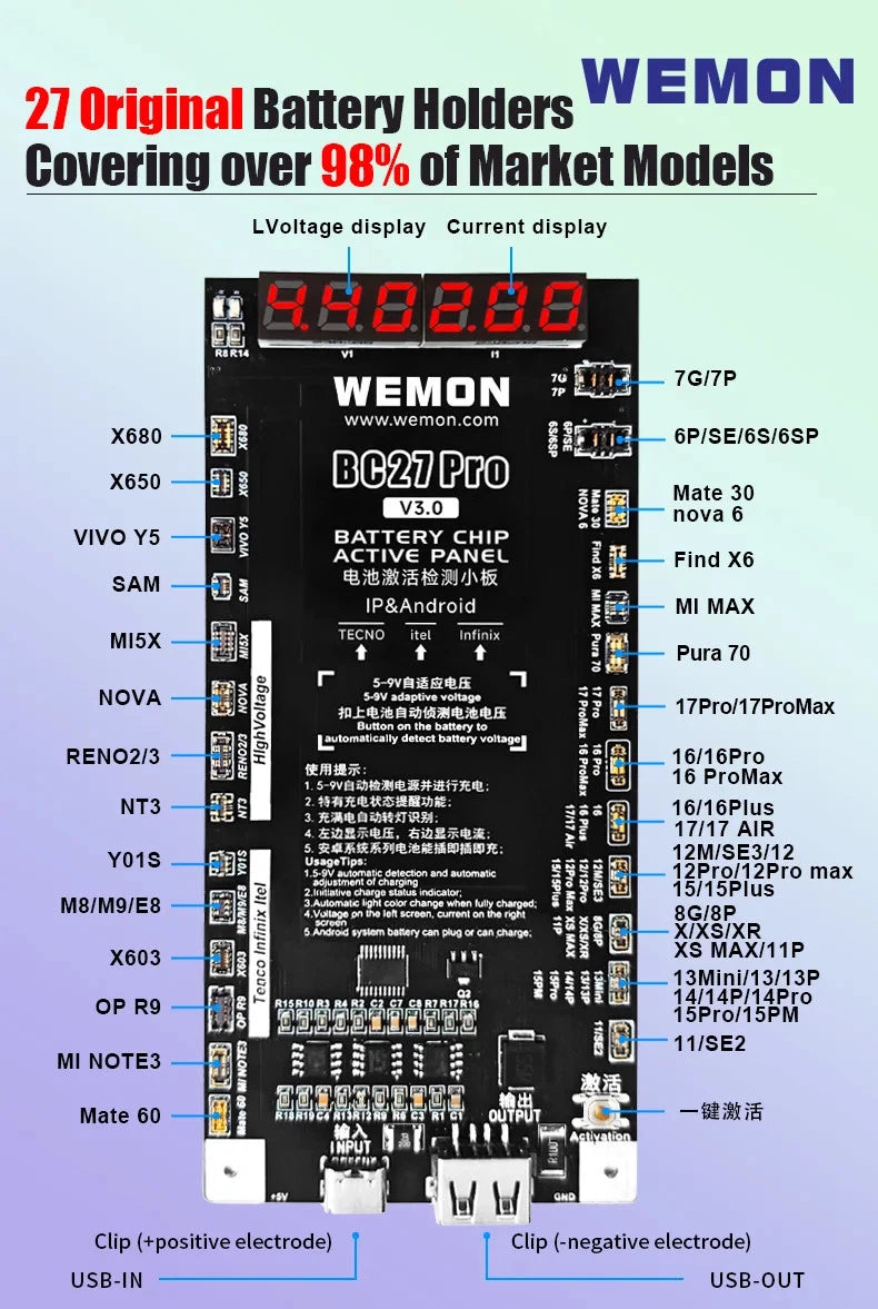 WEMON BC27 PRO Battery Activation Detection Board for IPhone 6-17 & 400+ Android