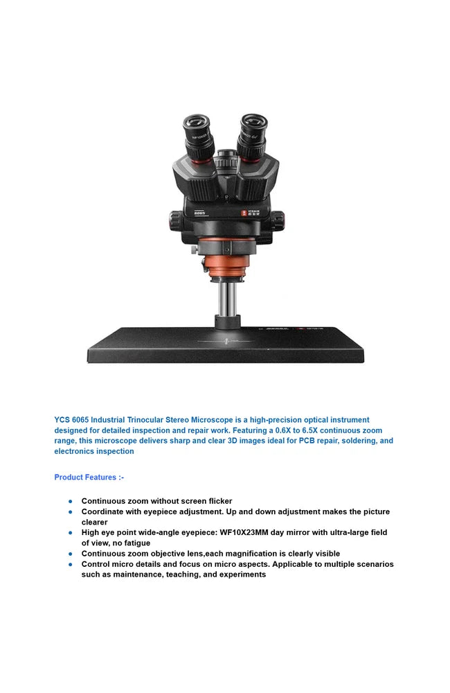 YCS 6065 Industrial Trinocular Stereo Microscope 0.6X-6.5X Zoom Microscope With Big Base For PCB Repair